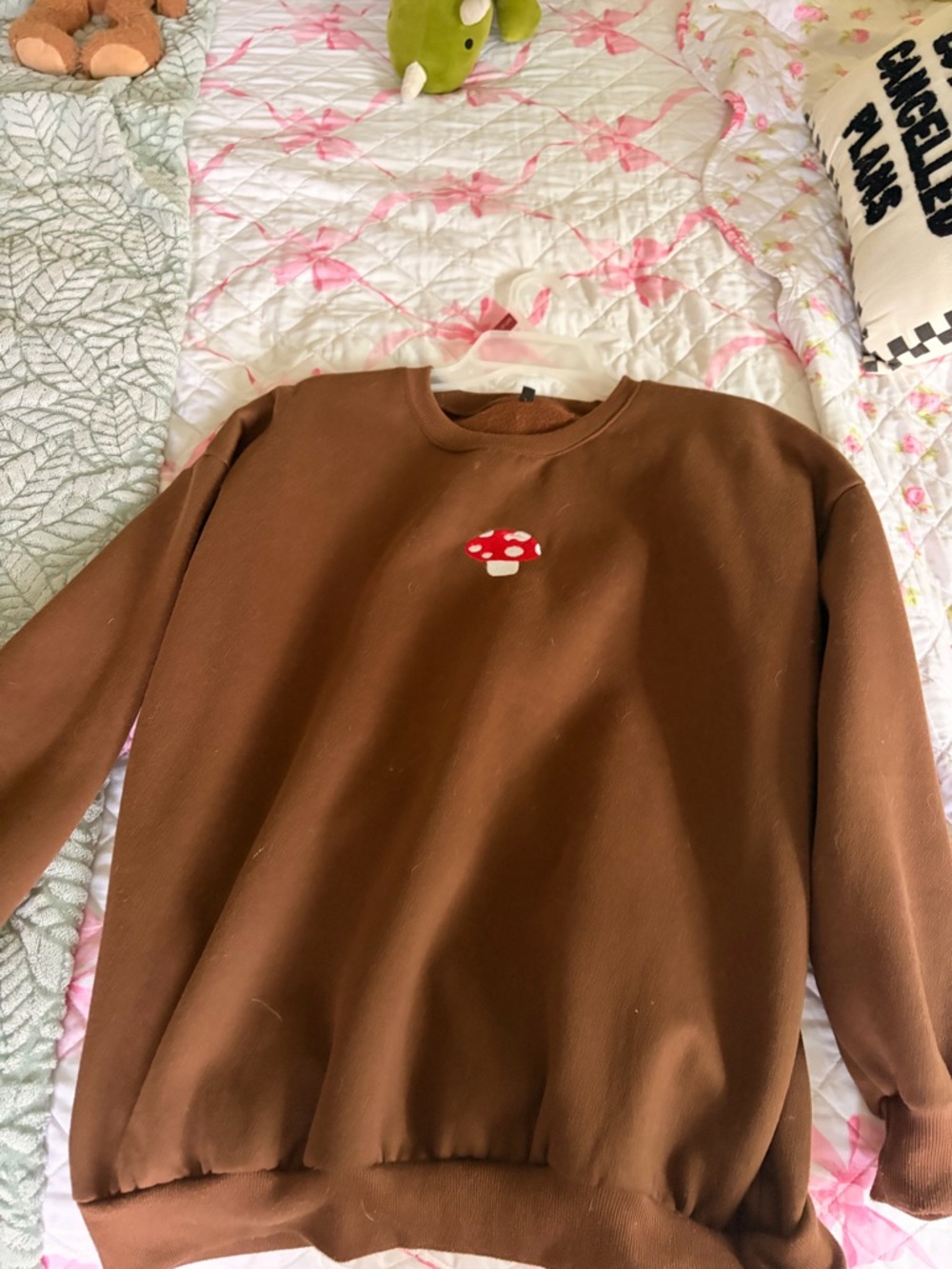 Brown Mushroom Embroidered Crewneck Sweater